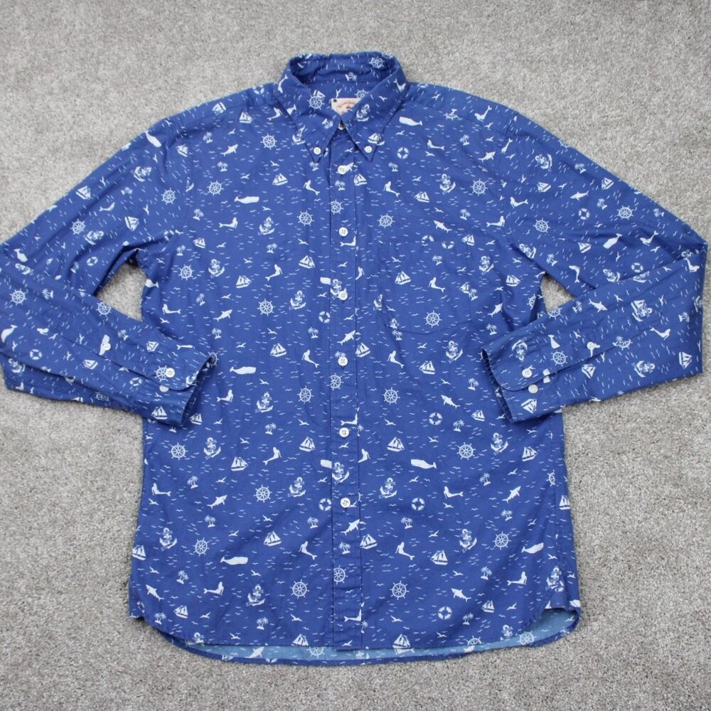 Brooks‎ Brothers Red Fleece AOP Shirt Mens Medium Blue Nautical All Over Print